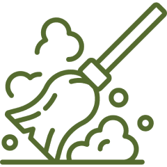 Broom sweeping dust, simple green icon.